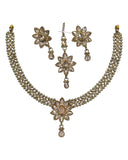Gold / Neutral - Medium Size Antique Gold Finish Necklace Set with Earrings & Head Piece /Tika- SLV80 11H24 - Prachy Creations