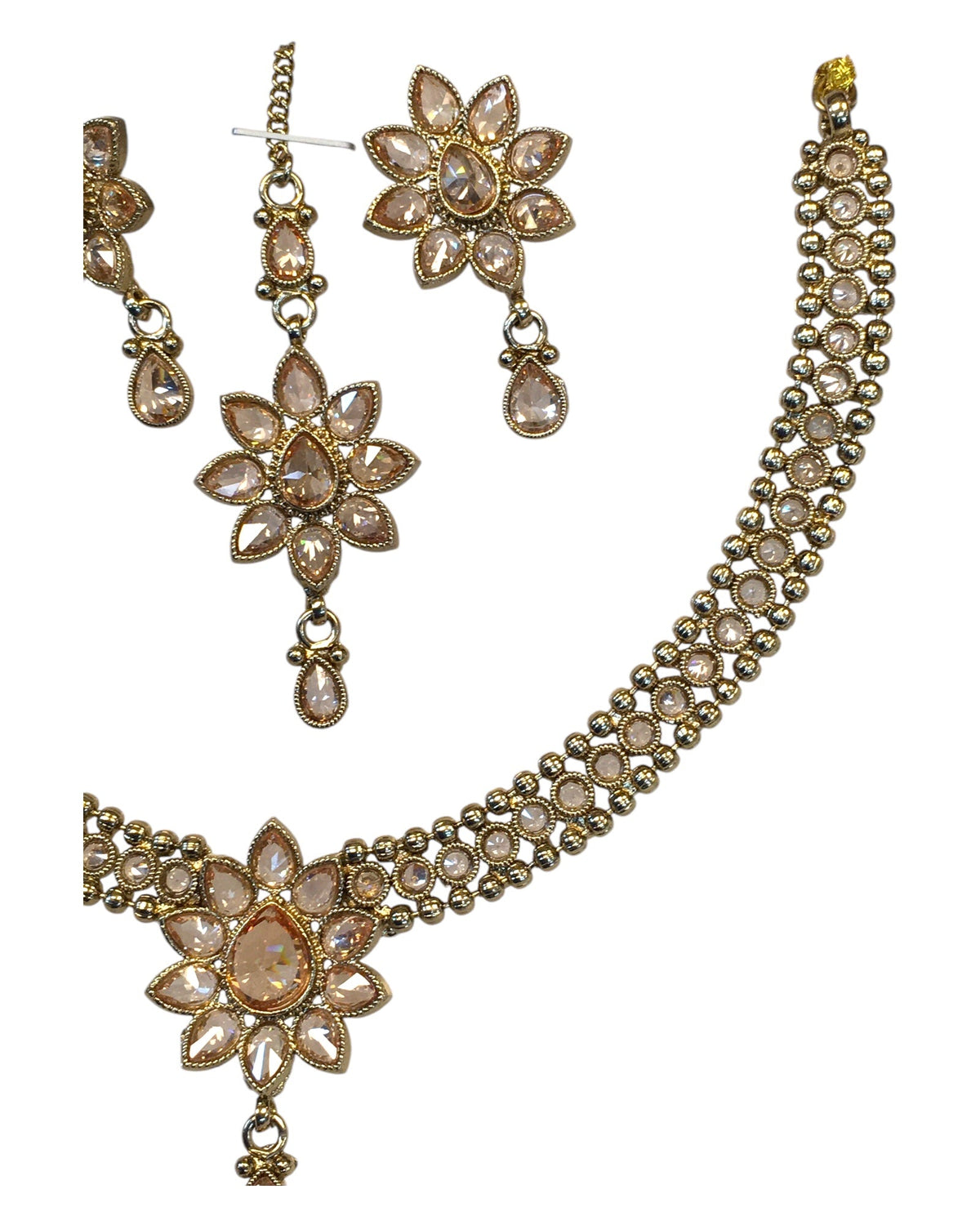 Gold / Neutral - Medium Size Antique Gold Finish Necklace Set with Earrings & Head Piece /Tika- SLV80 11H24 - Prachy Creations