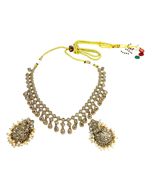 Gold / Neutral - Medium Size Antique Gold Finish Necklace Set with Earrings - SJ06 08H25 - Prachy Creations