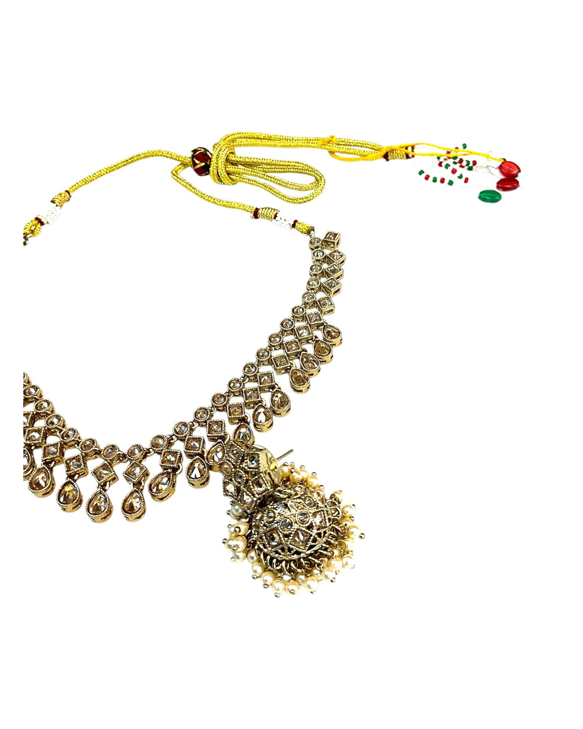 Gold / Neutral - Medium Size Antique Gold Finish Necklace Set with Earrings - SJ06 08H25 - Prachy Creations
