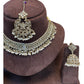 Gold / Neutral - Medium Size Antique Gold Finish Necklace Set with Earrings & Tika Head piece - GGA05 KV 052 - Prachy Creations
