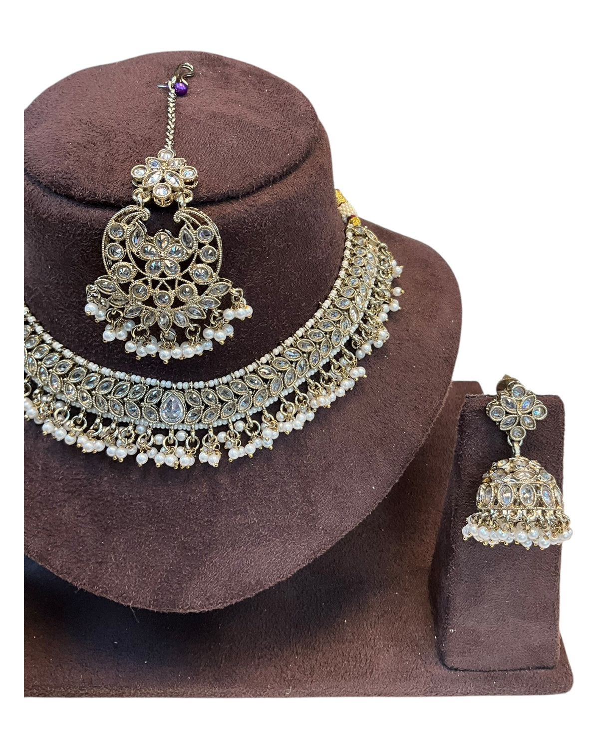 Gold / Neutral - Medium Size Antique Gold Finish Necklace Set with Earrings & Tika Head piece - GGA05 KV 052 - Prachy Creations