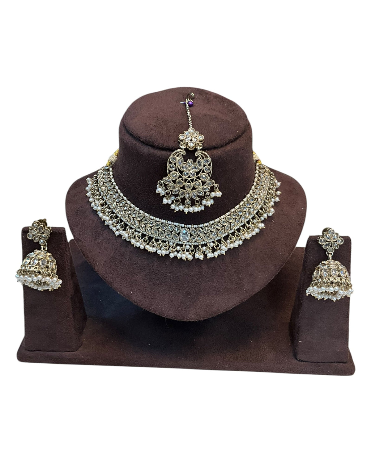 Gold / Neutral - Medium Size Antique Gold Finish Necklace Set with Earrings & Tika Head piece - GGA05 KV 052 - Prachy Creations