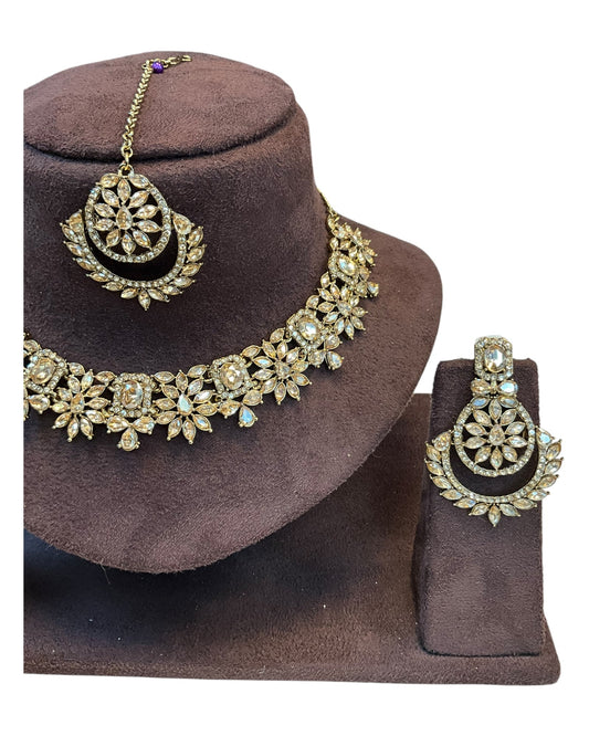 Gold / Neutral - Medium Size Antique Gold Finish Necklace Set with Earrings & Tika Head piece - JD7468 R 0525 - Prachy Creations