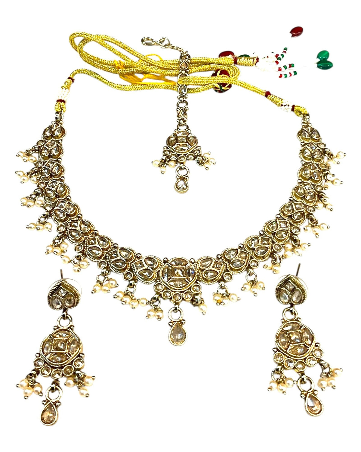 Gold / Neutral - Medium Size Antique Gold Finish Necklace Set with Earrings & Tika Head piece - SAJ04 08C25 - Prachy Creations