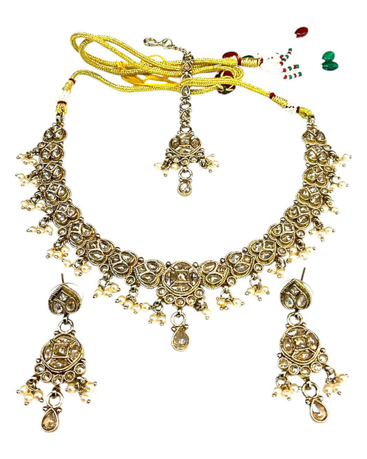 Gold / Neutral - Medium Size Antique Gold Finish Necklace Set with Earrings & Tika Head piece - SAJ04 08C25 - Prachy Creations