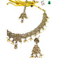 Gold / Neutral - Medium Size Antique Gold Finish Necklace Set with Earrings & Tika Head piece - SAJ04 08C25 - Prachy Creations