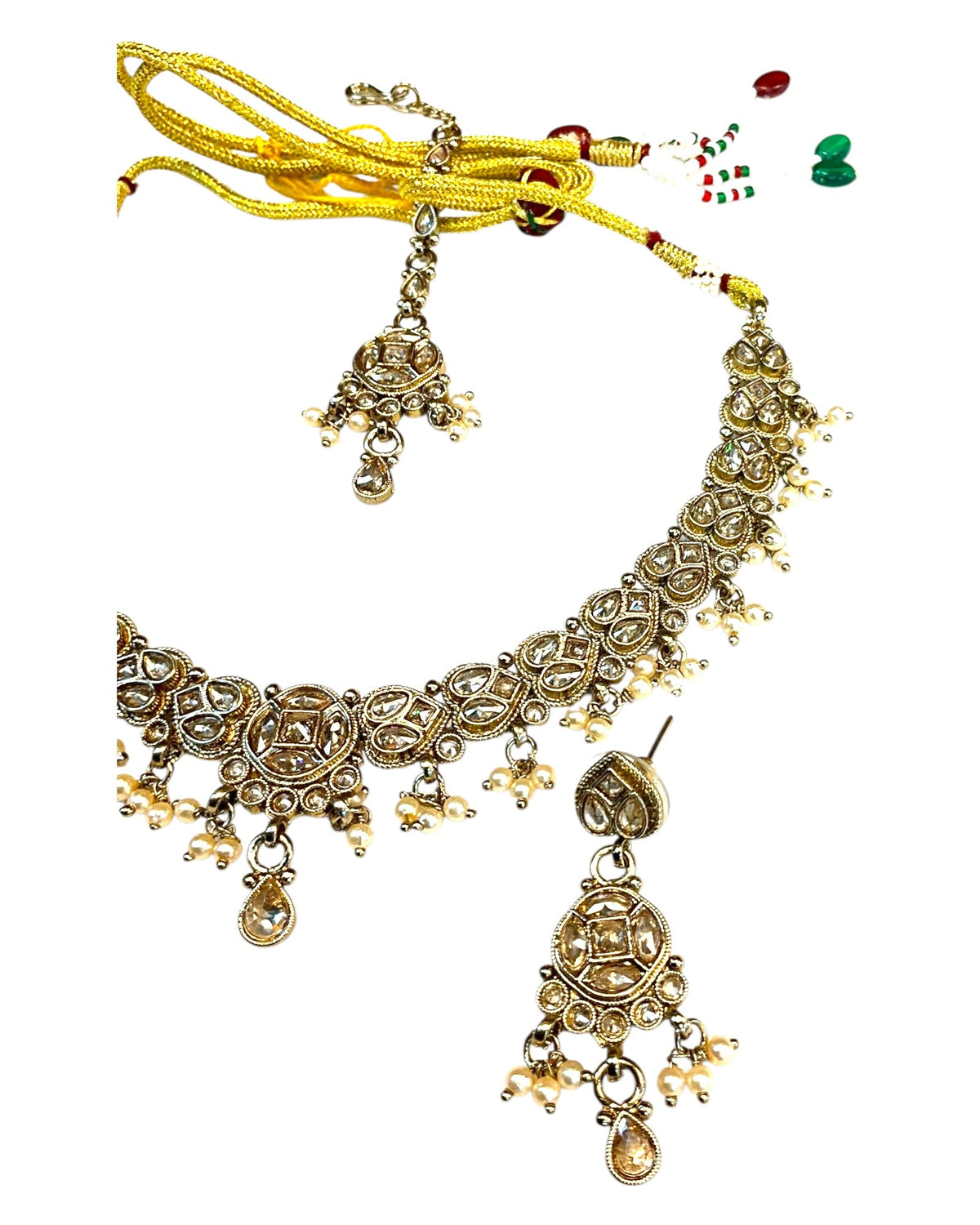 Gold / Neutral - Medium Size Antique Gold Finish Necklace Set with Earrings & Tika Head piece - SAJ04 08C25 - Prachy Creations
