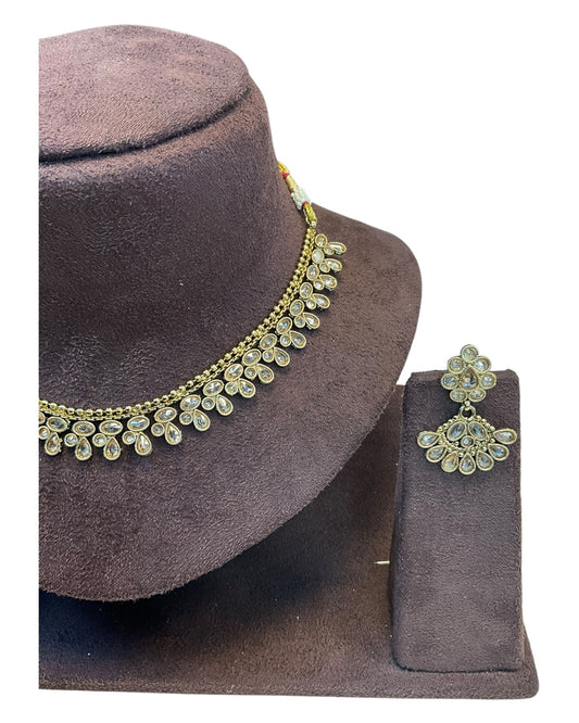 Gold / Neutral / Pearl - Small Size Antique Gold Finish Necklace Set - AE2502 A 0525 - Prachy Creations