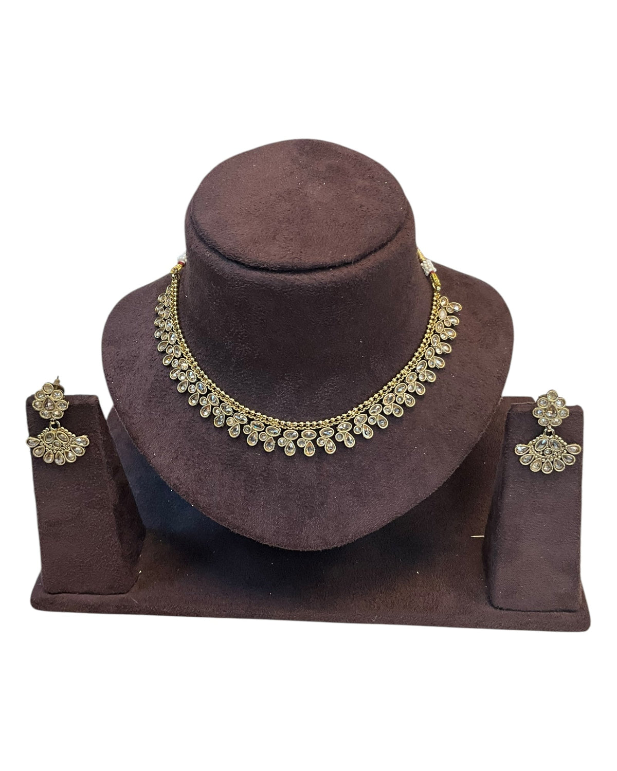 Gold / Neutral / Pearl - Small Size Antique Gold Finish Necklace Set - AE2502 A 0525 - Prachy Creations