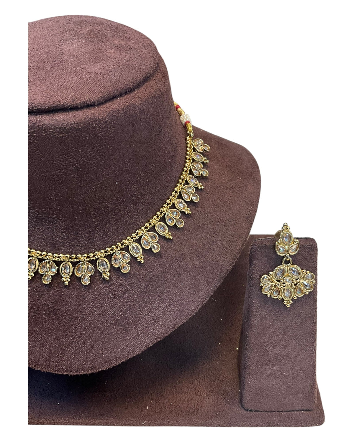 Gold / Neutral / Pearl - Small Size Antique Gold Finish Necklace Set - AE2503 R 0525 - Prachy Creations
