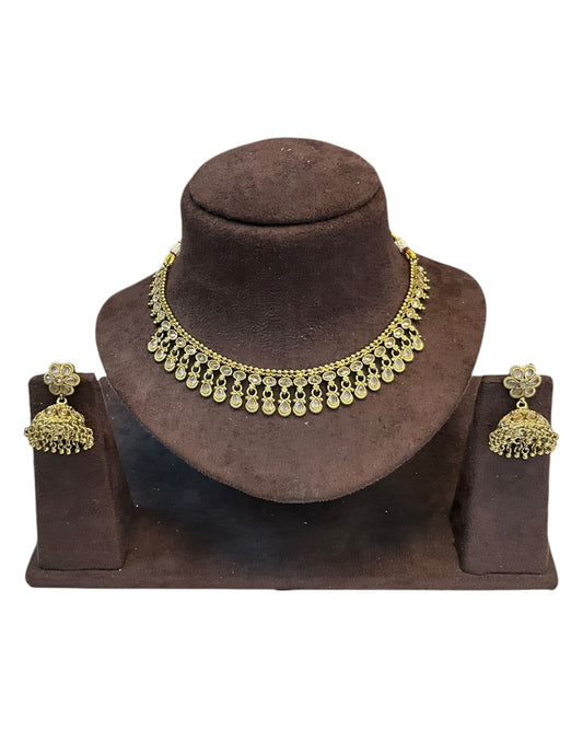 Gold / Neutral / Pearl - Small Size Antique Gold Finish Necklace Set - AE2506 C 0525 - Prachy Creations