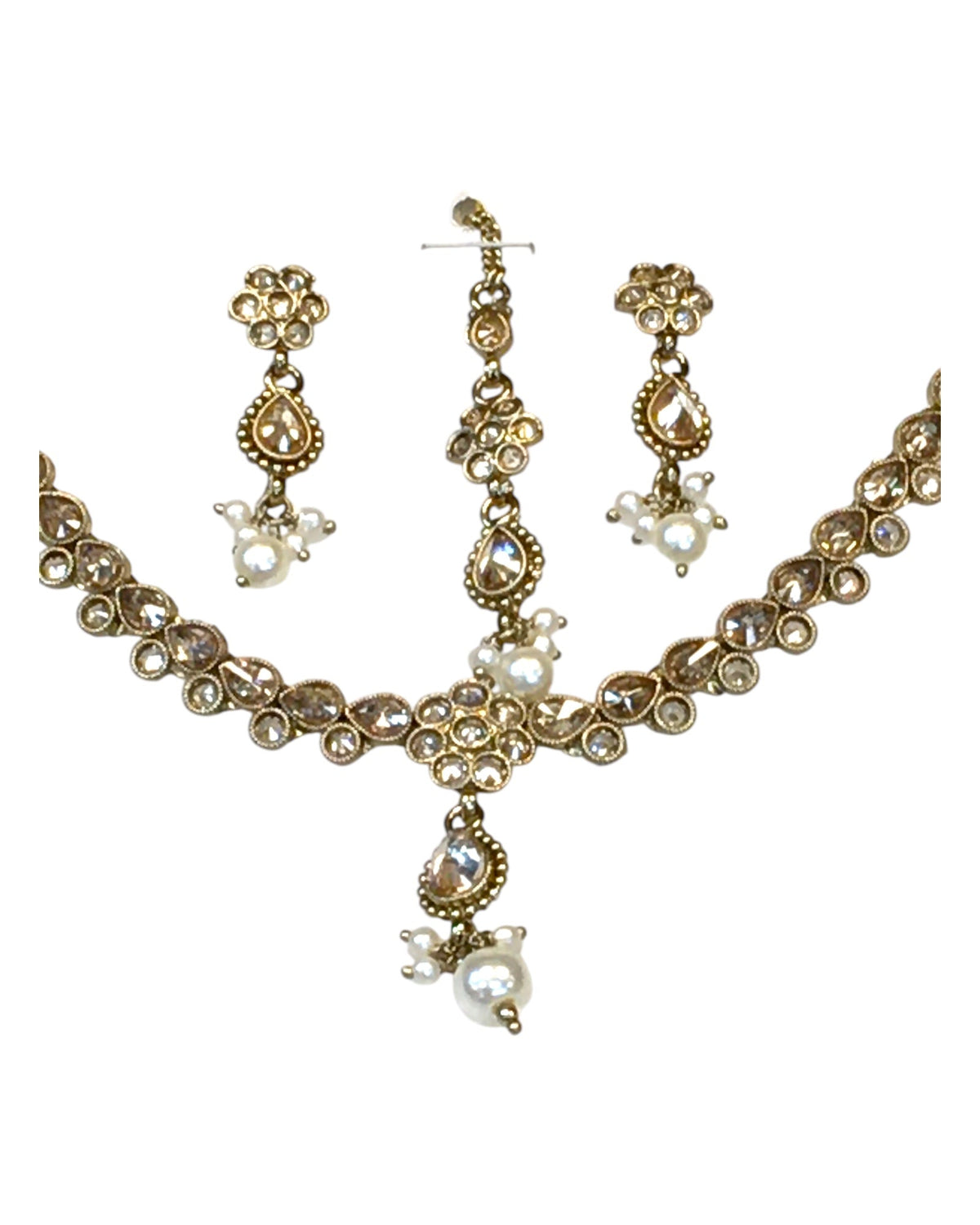 Gold / Neutral - Small Size Antique Gold Finish Necklace Set with Earrings & Head Piece /Tika- SLV78 11Ap24 - Prachy Creations