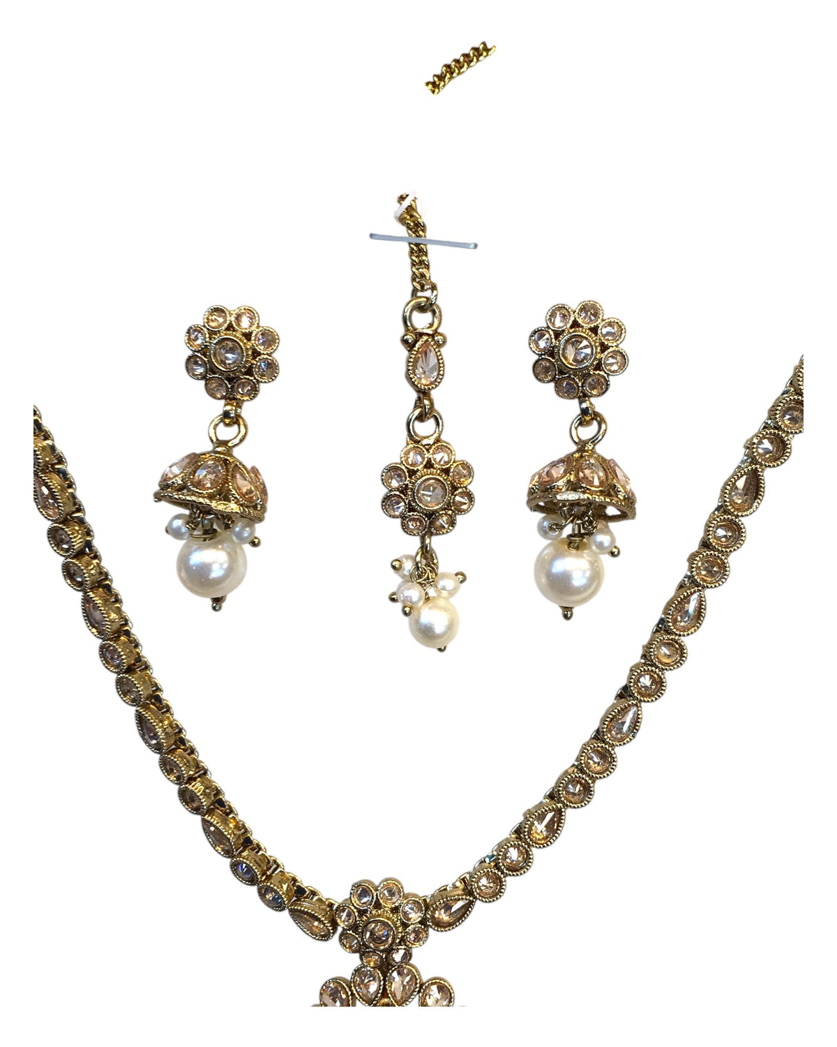 Gold / Neutral - Small Size Antique Gold Finish Necklace Set with Earrings & Head Piece /Tika- SLV79 11A24 - Prachy Creations
