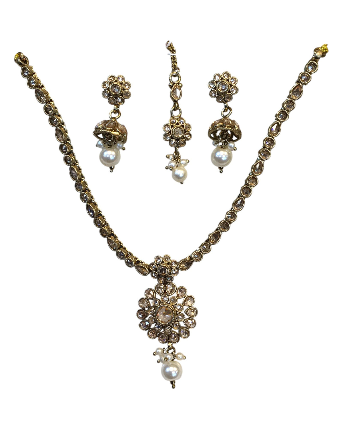 Gold / Neutral - Small Size Antique Gold Finish Necklace Set with Earrings & Head Piece /Tika- SLV79 11A24 - Prachy Creations
