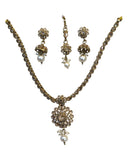 Gold / Neutral - Small Size Antique Gold Finish Necklace Set with Earrings & Head Piece /Tika- SLV79 11A24 - Prachy Creations