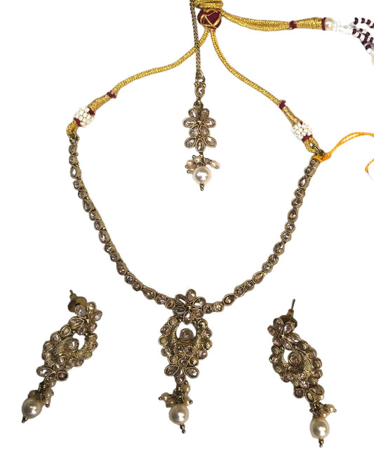 Gold / Neutral - Small Size Antique Gold Finish Necklace Set with Earrings - SLV45 Ap 0424 - Prachy Creations