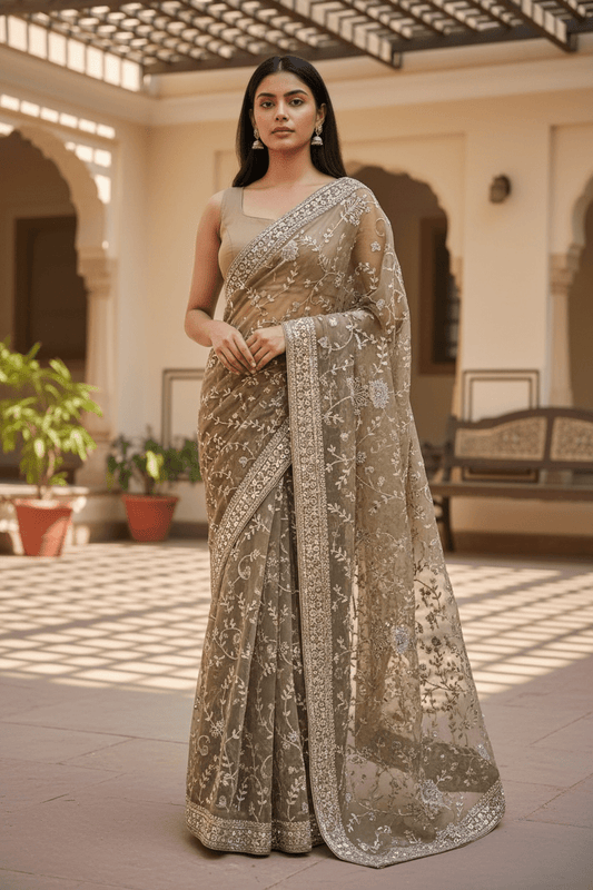 Gold - Rich Bridal Saree with Allover Embroidery and Blouse Piece - UK stock - 24hr Dispatch - RS2517 PK - Prachy Creations