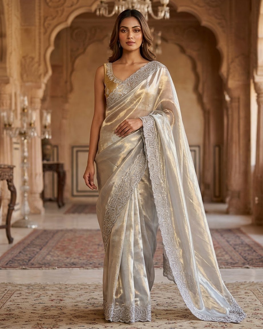 Gold - Saree with Thread / Stone Embroidery and Blouse Piece - UK stock - 24hr Dispatch - SP2621 VC - Prachy Creations
