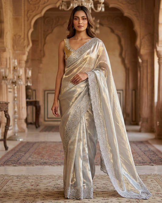 Gold - Saree with Thread / Stone Embroidery and Blouse Piece - UK stock - 24hr Dispatch - SP2621 VC - Prachy Creations