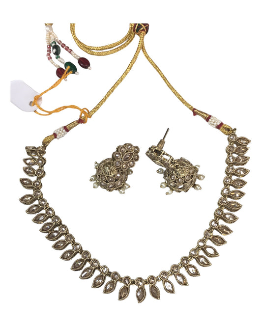Gold - Small - Antique Gold Finish Necklace Set with Earrings - AE2402 C 0724 - Prachy Creations