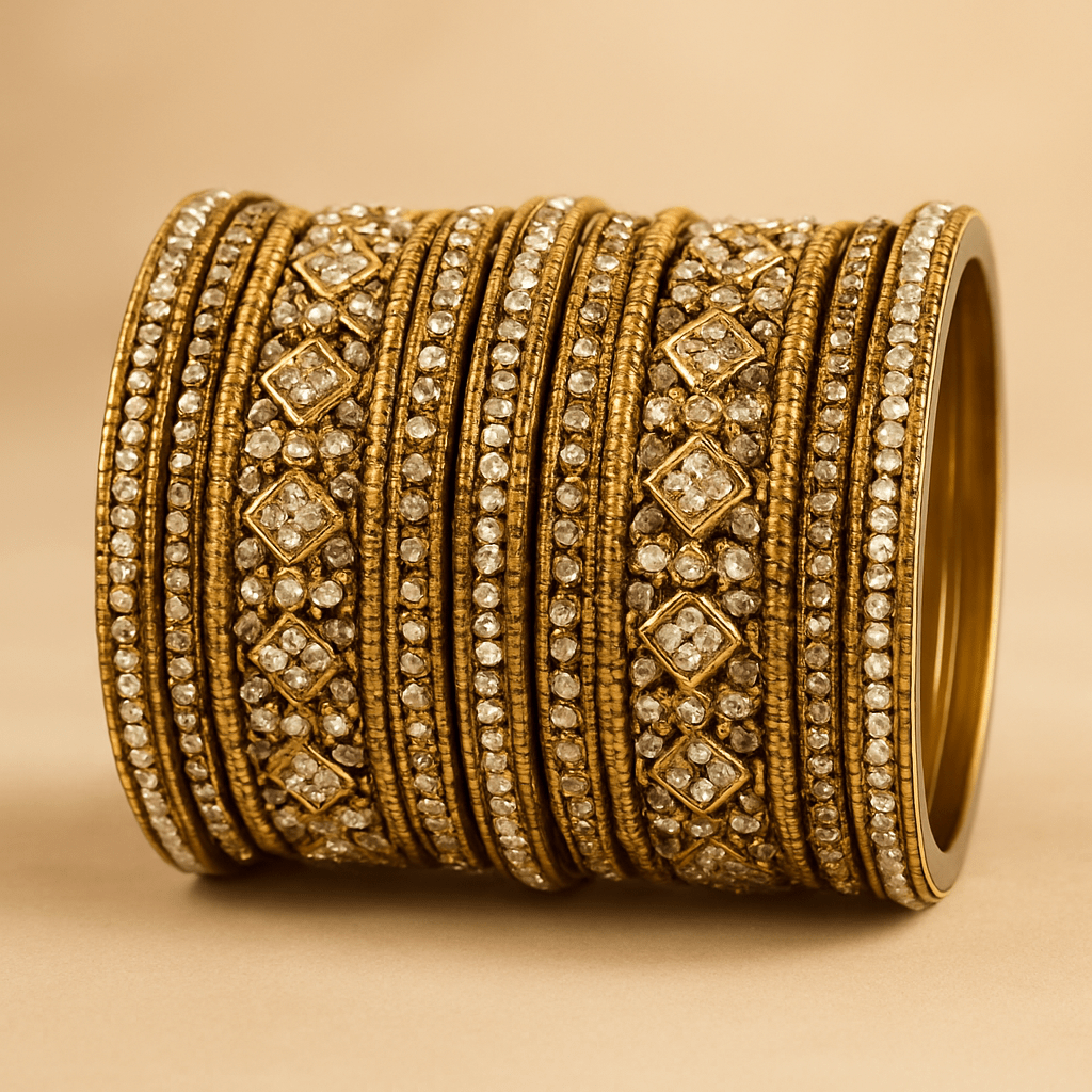 Gold Stone and Pearl - Antique Gold Finish Bangles Set (Set of 18) - UK stock - SM, M, L, XL JAN2611 05P25 - Prachy Creations