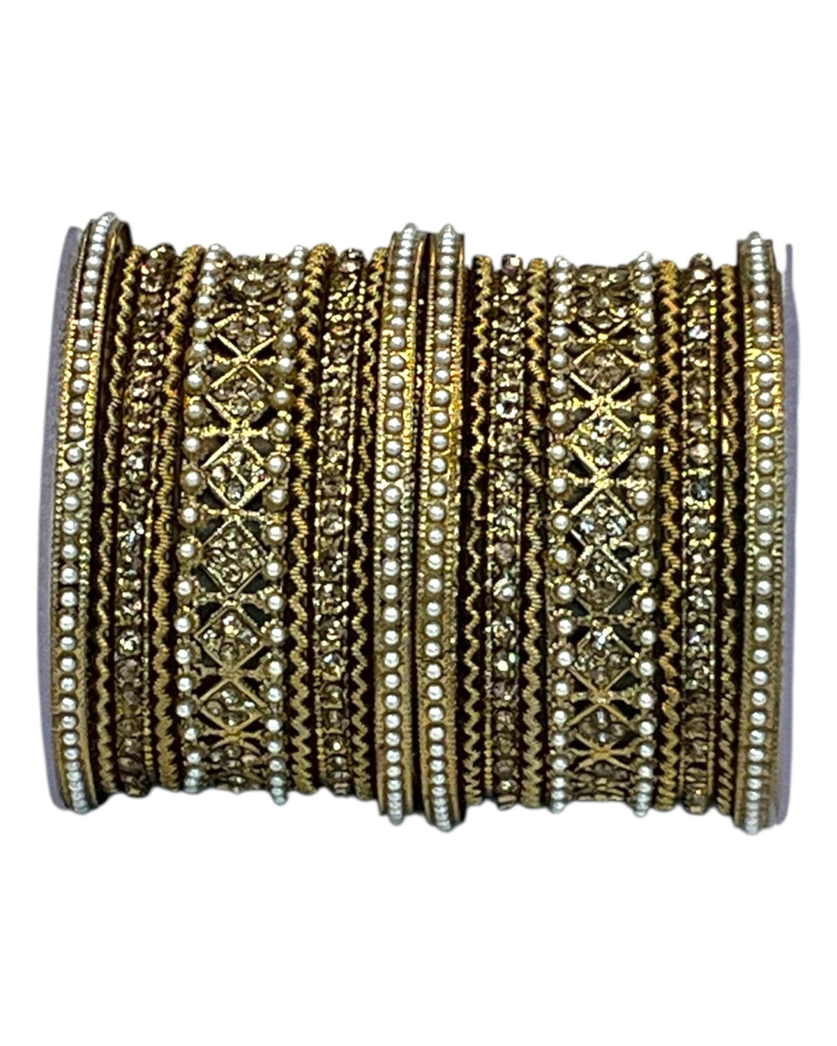 Gold Stone and Pearl - Antique Gold Finish Bangles Set (Set of 18) - UK stock - SM, M, L, XL JAN2611 05P25 - Prachy Creations