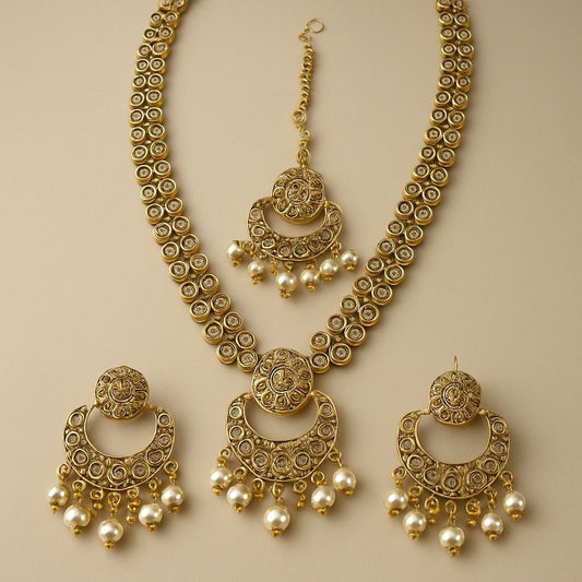 Gold Stone - Large Size Antique Gold Finish Long Necklace Set with Earrings - AVON8022 KH 0525 - Prachy Creations