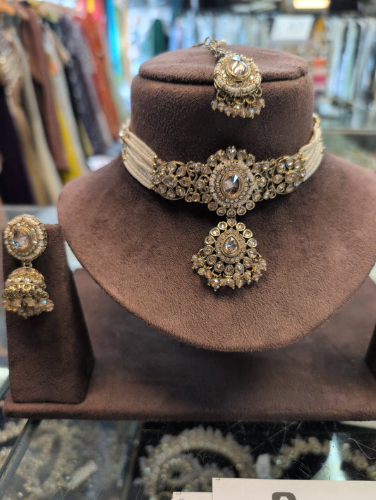 Gold Stone / Pearl - Large Size - Gold Finish Choker Necklace Set with Earrings - UK Stock - BHT02 04KV26 - Prachy Creations