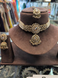 Gold Stone / Pearl - Large Size - Gold Finish Choker Necklace Set with Earrings - UK Stock - BHT02 04KV26 - Prachy Creations
