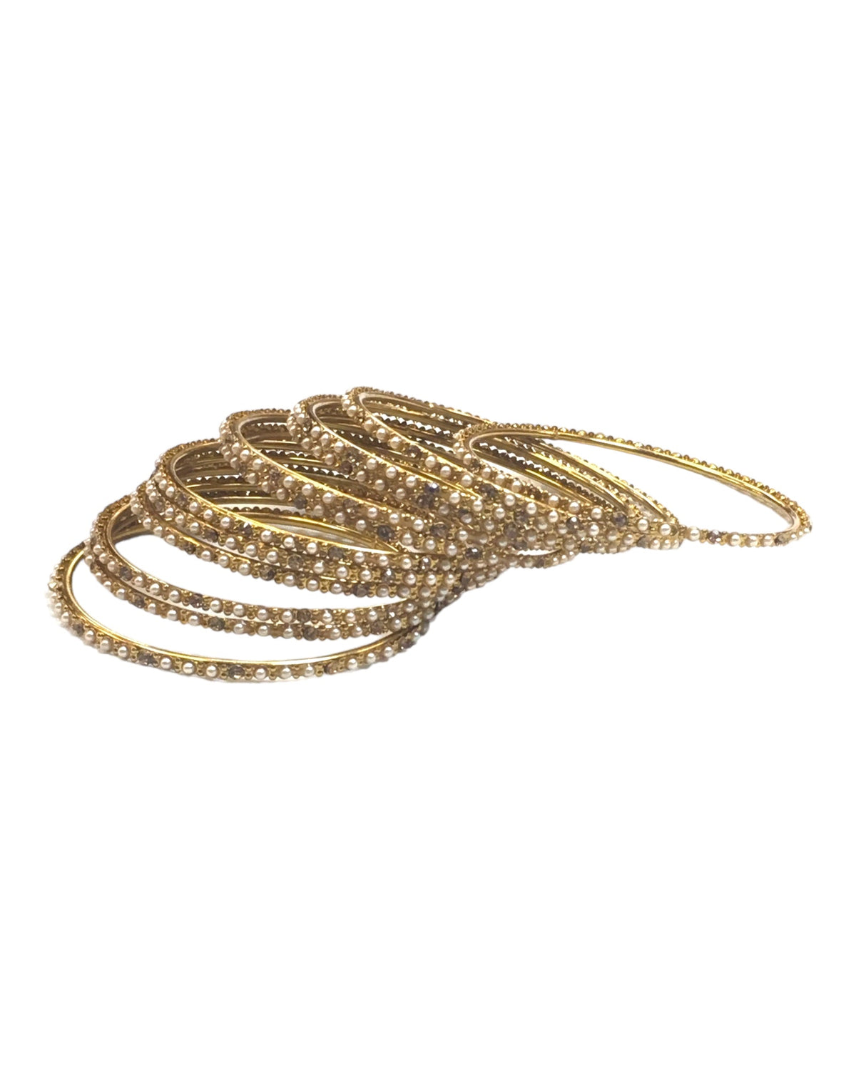 Gold Stones - Set of 12 Stone / Pearl Bangles - Antique Gold Finish (Pair) - JAN739 Vp 0923 - Prachy Creations