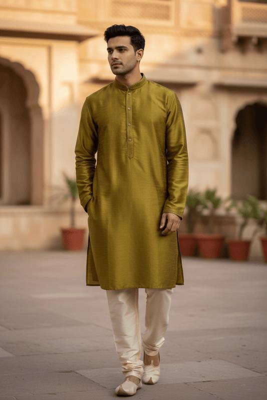 Golden - Banarasi Handloom Brocade Mens Indian Kurta set - UK Stock - Weddings / Walimas , Sangeet, Diwali, Eid, Mehndi / Henna - VEE2532 KR - Prachy Creations