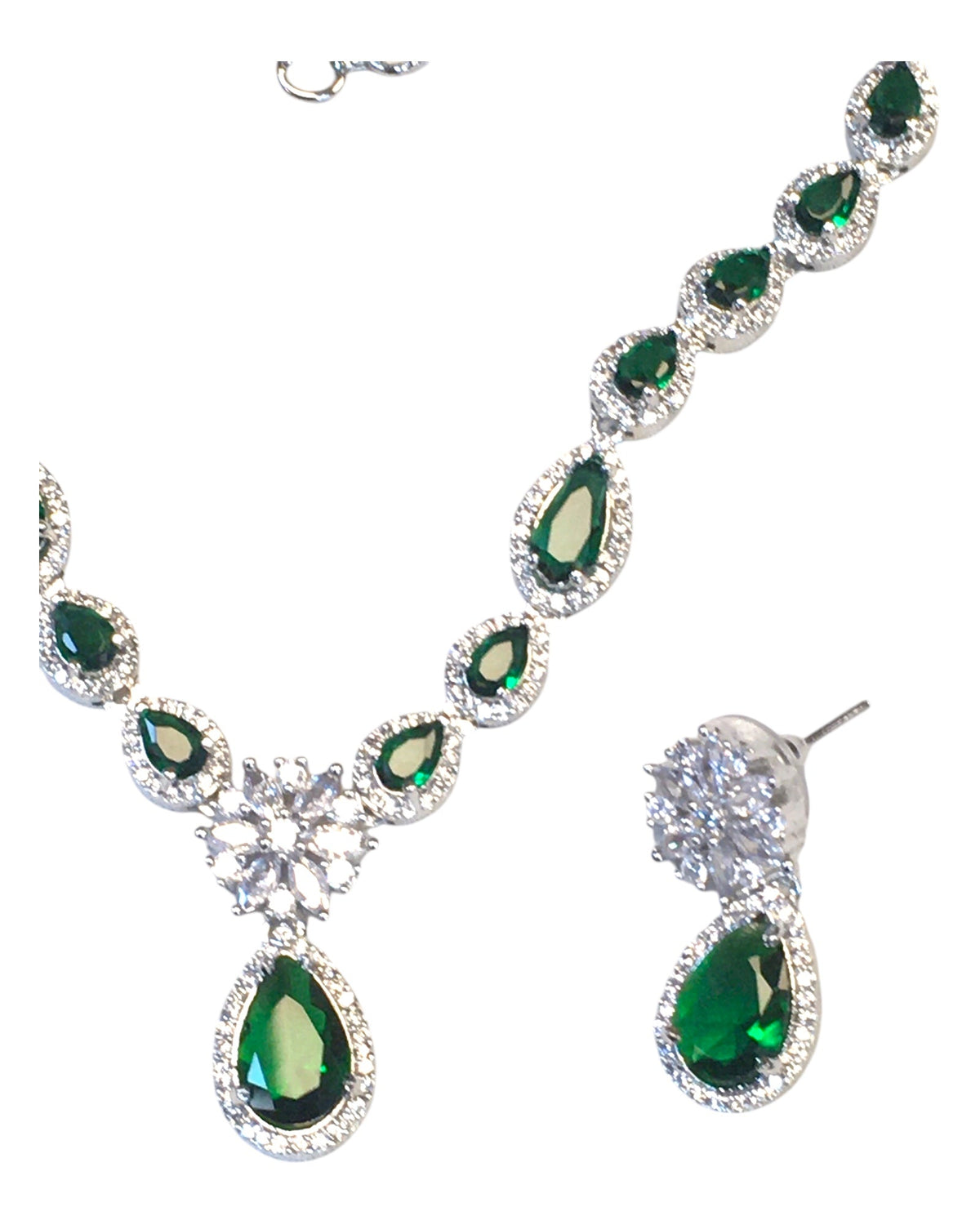 Green - American Diamond Style Silver Finish Small Size Necklace Set with Earrings - AE2422 11H24 - Prachy Creations