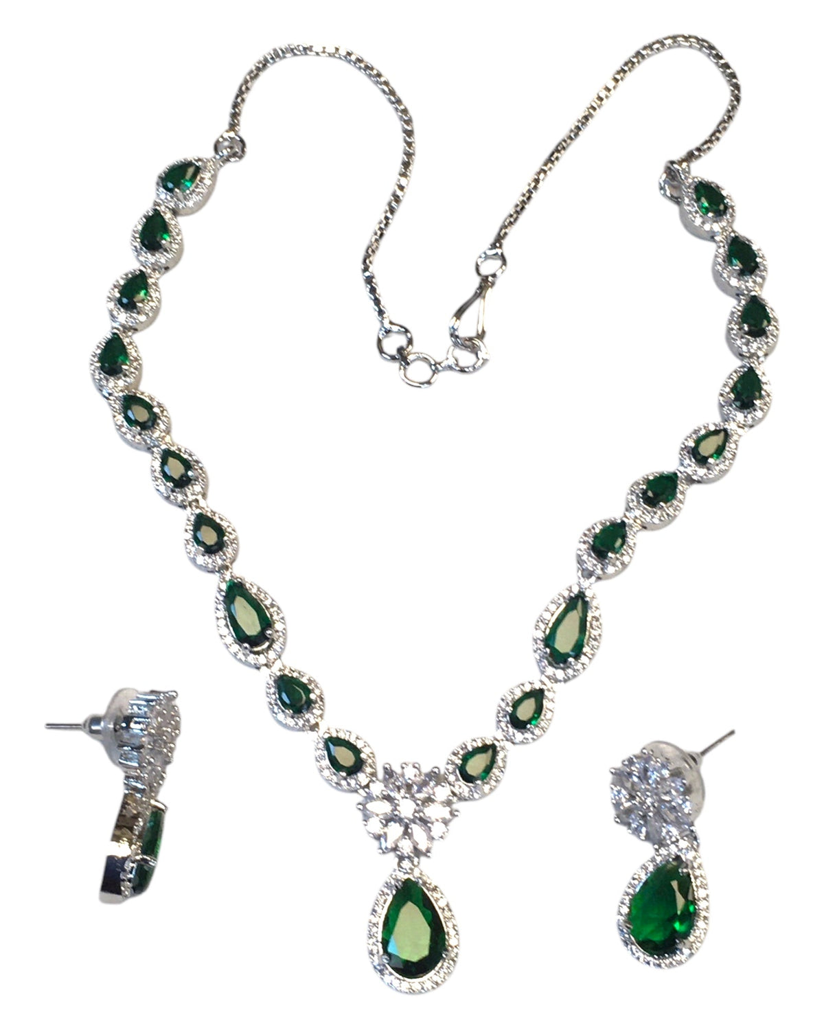 Green - American Diamond Style Silver Finish Small Size Necklace Set with Earrings - AE2422 11H24 - Prachy Creations