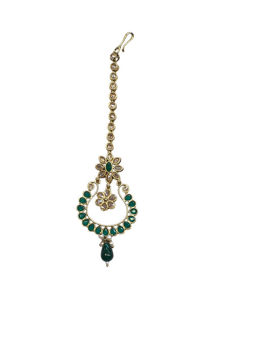 Green - Antique Gold Finish Large Size Tika Head Piece - Indian Ladies Fashion Jewellery - AE2440 11T24 - Prachy Creations