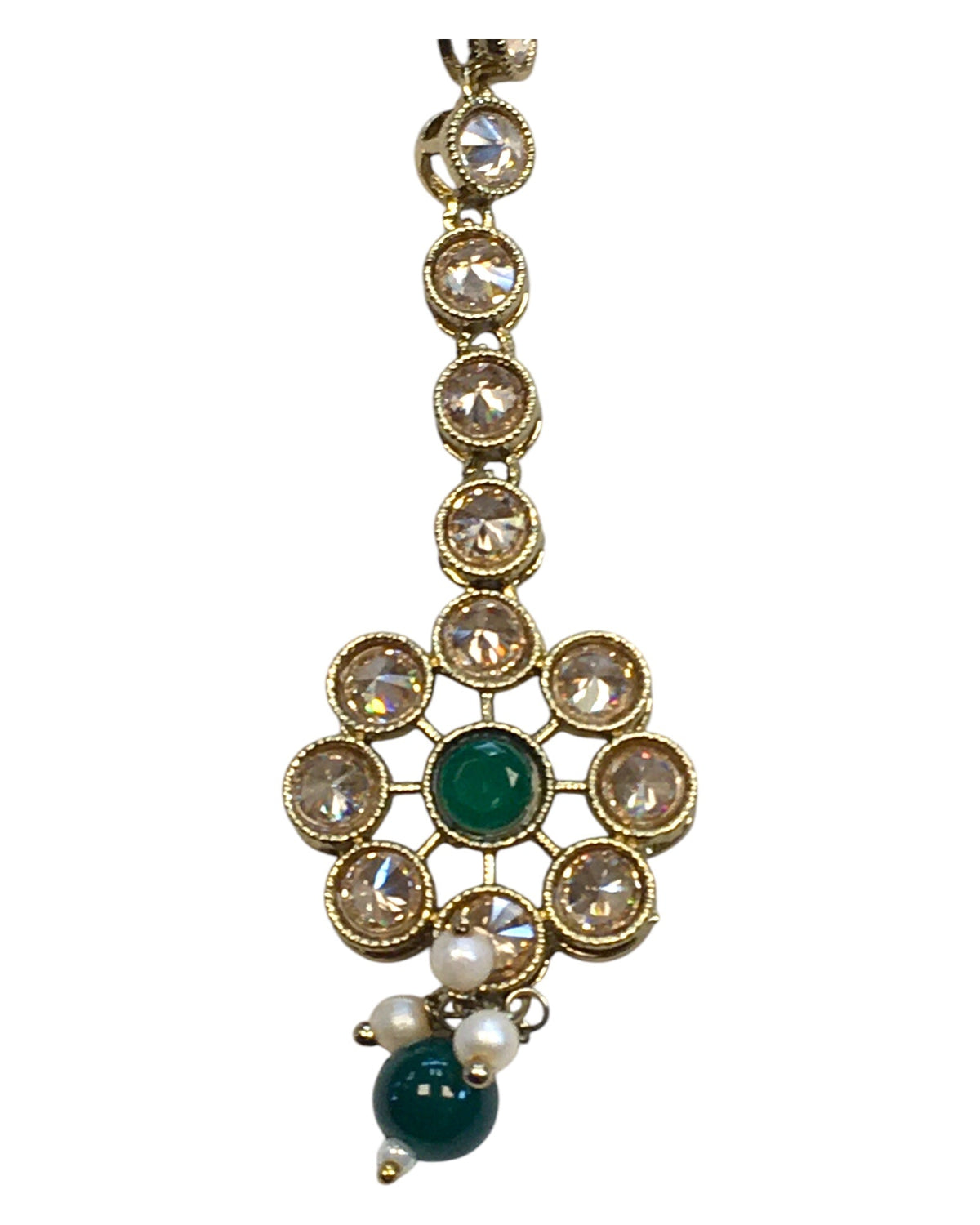 Green - Antique Gold Finish Medium Size Tika Head Piece - Indian Ladies Fashion Jewellery - AE2432 11Vp24 - Prachy Creations