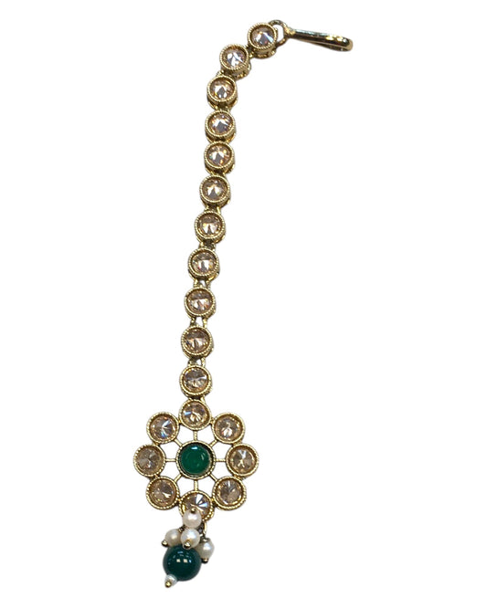 Green - Antique Gold Finish Medium Size Tika Head Piece - Indian Ladies Fashion Jewellery - AE2432 11Vp24 - Prachy Creations