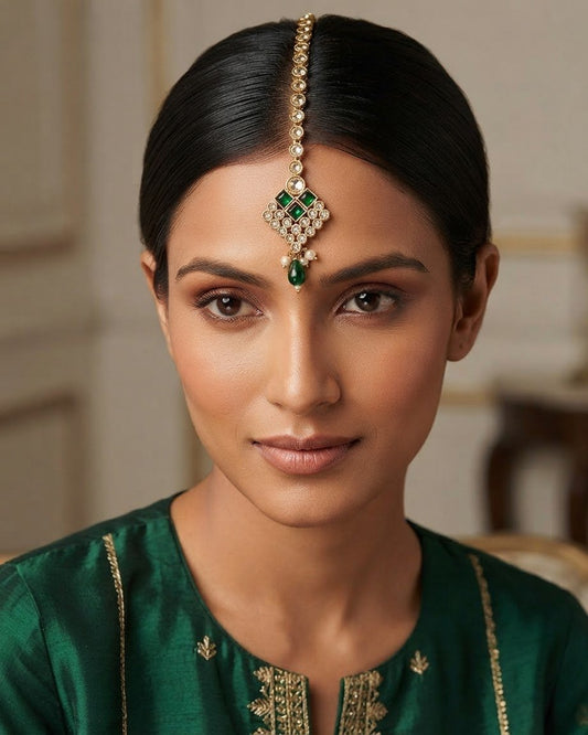 Green - Antique Gold Finish Medium Size Tika Head Piece - Indian Ladies Fashion Jewellery - AE2441 11Vp24 - Prachy Creations