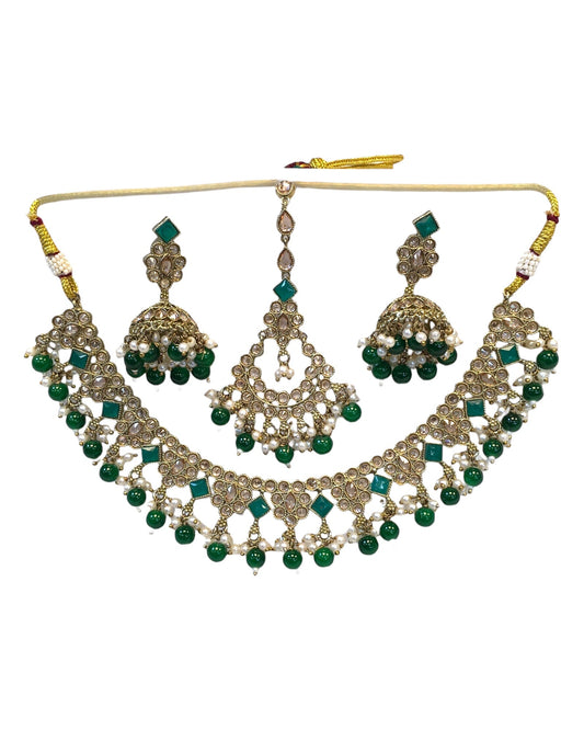 Green - Antique Gold Finish Necklace & Earrings Set - Bollywood - Weddings - KAJ1035 11KK24 - Prachy Creations