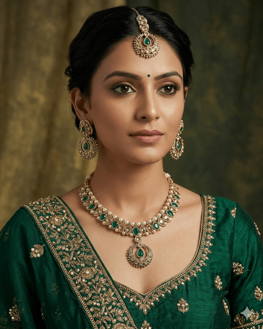 Green - Antique Gold Finish Necklace Set with Earrings - 6NS670 03A26 - Prachy Creations