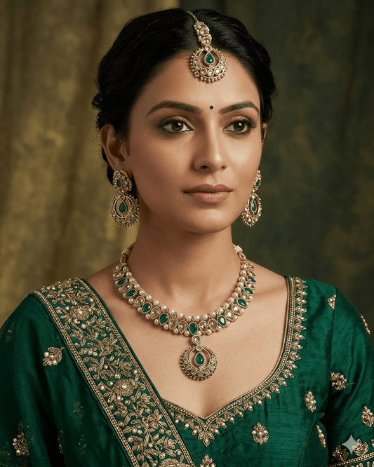 Green - Antique Gold Finish Necklace Set with Earrings - 6NS670 03A26 - Prachy Creations