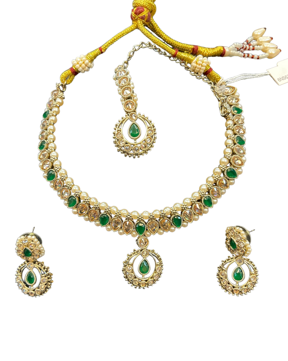 Green - Antique Gold Finish Necklace Set with Earrings - 6NS670 03A26 - Prachy Creations