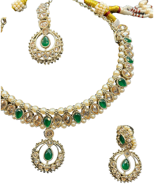 Green - Antique Gold Finish Necklace Set with Earrings - 6NS670 03A26 - Prachy Creations