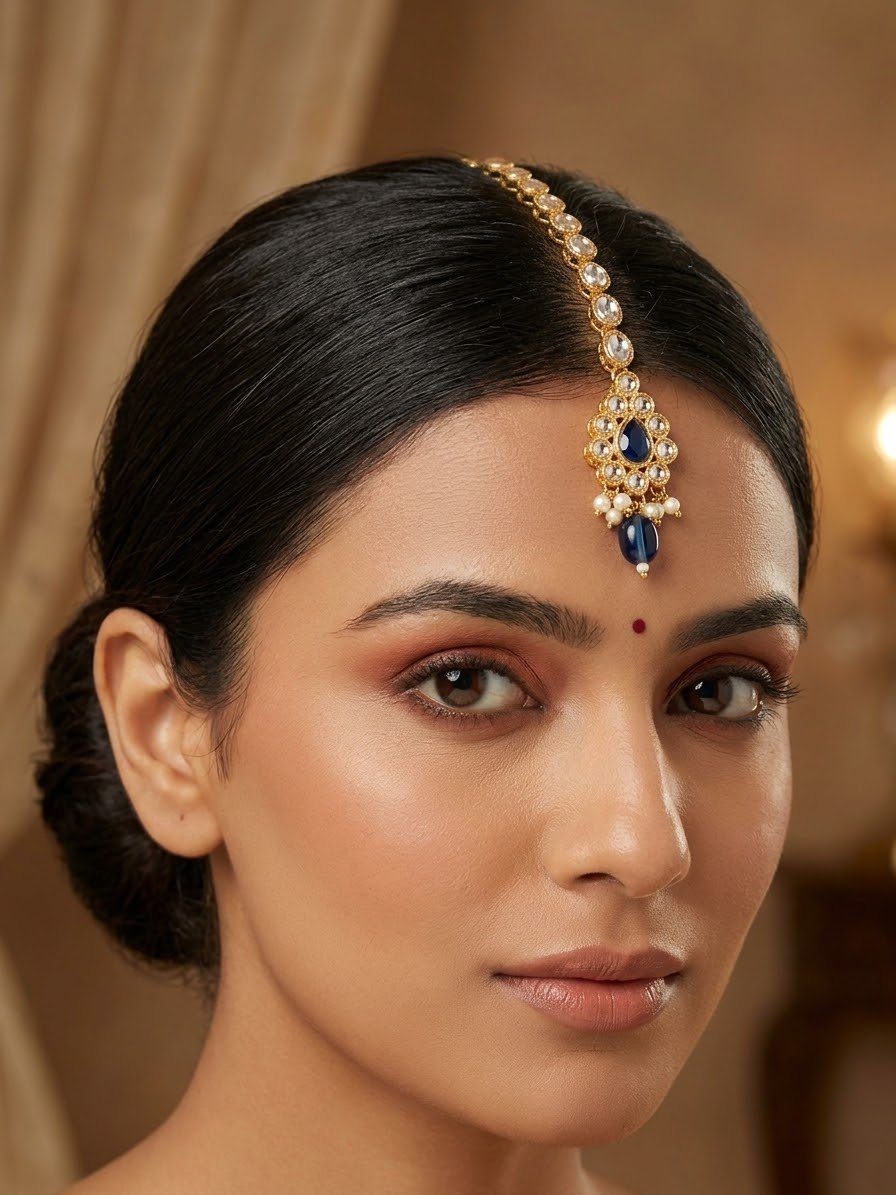 Green - Gold Finish Small Size Tika Head Piece - Indian Ladies Fashion Jewellery - AE2433 11Vp24 - Prachy Creations