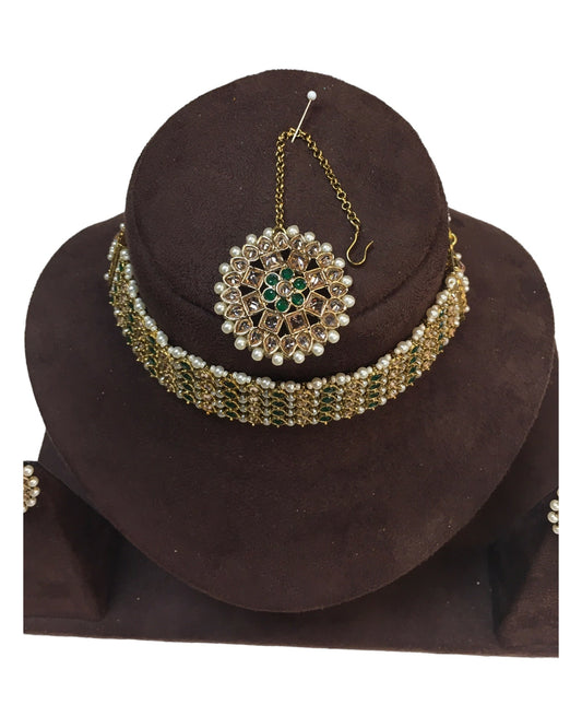 Green - Large - Antique Gold Finish Necklace Set with Earrings - AE2401 H 0724 - Prachy Creations