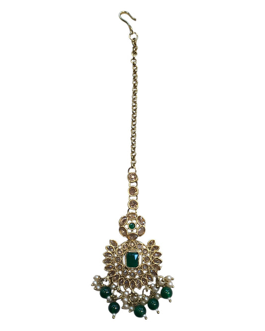 Green - Large - Antique Gold Finish Traditional Tika Head piece - Bollywood - Weddings - PRI1773 11V24 - Prachy Creations