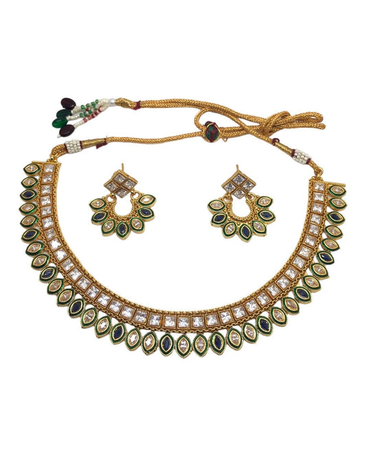 Green - Large Reverse Stone Necklace set - Gold Finish - Weddings - SV884 H 0923 - Prachy Creations
