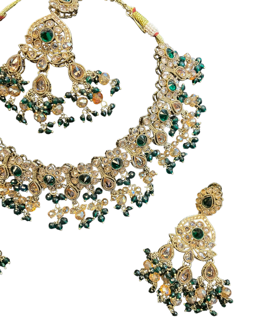 Green - Large Size Antique Gold Finish Necklace Set with Earrings & Head Piece - Bollywood - AE2513 08KK25 - Prachy Creations