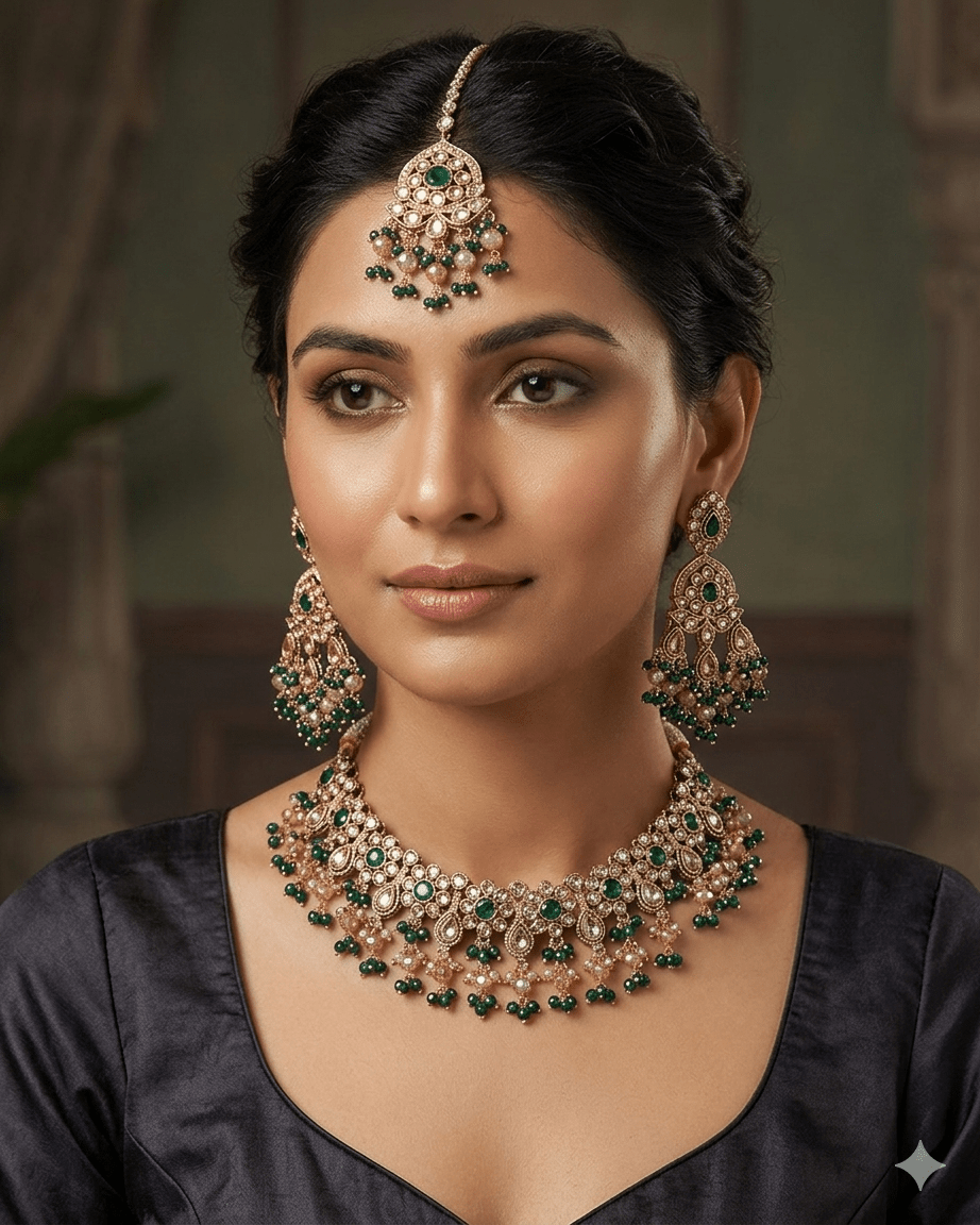 Green - Large Size Antique Gold Finish Necklace Set with Earrings & Head Piece - Bollywood - AE2513 08KK25 - Prachy Creations