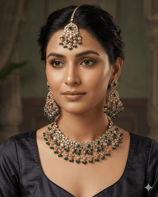 Green - Large Size Antique Gold Finish Necklace Set with Earrings & Head Piece - Bollywood - AE2513 08KK25 - Prachy Creations